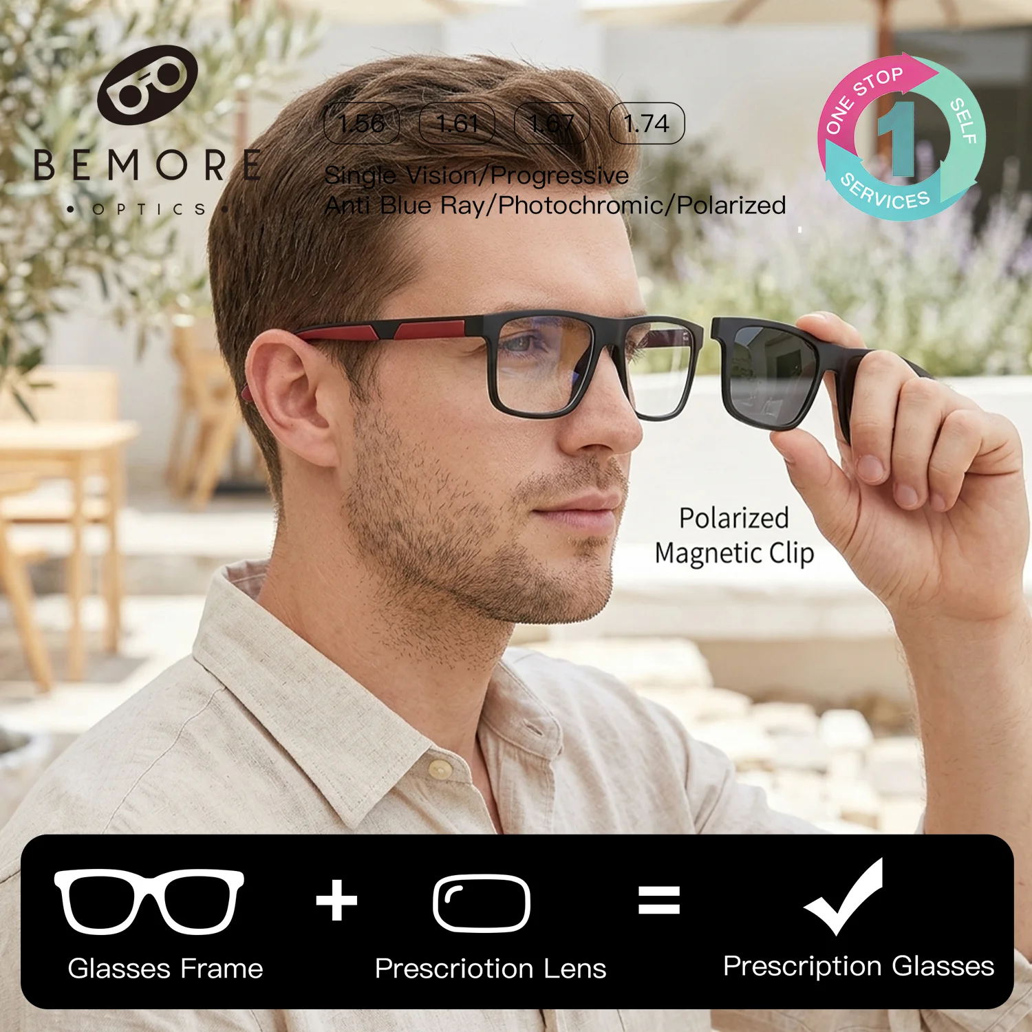 BEMORE Square Prescription Eyeglasses Acetate Women Men Glasses to Graduate with Clip Polarized UV400 Optical Eyewear