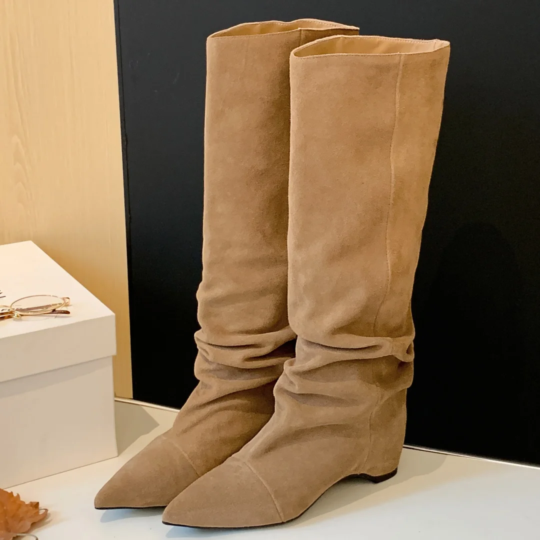 danxuefei women's natural suede leather pointed toe slip-on autumn knee high boots 4.5cm wedge med heel easy style long boots 40