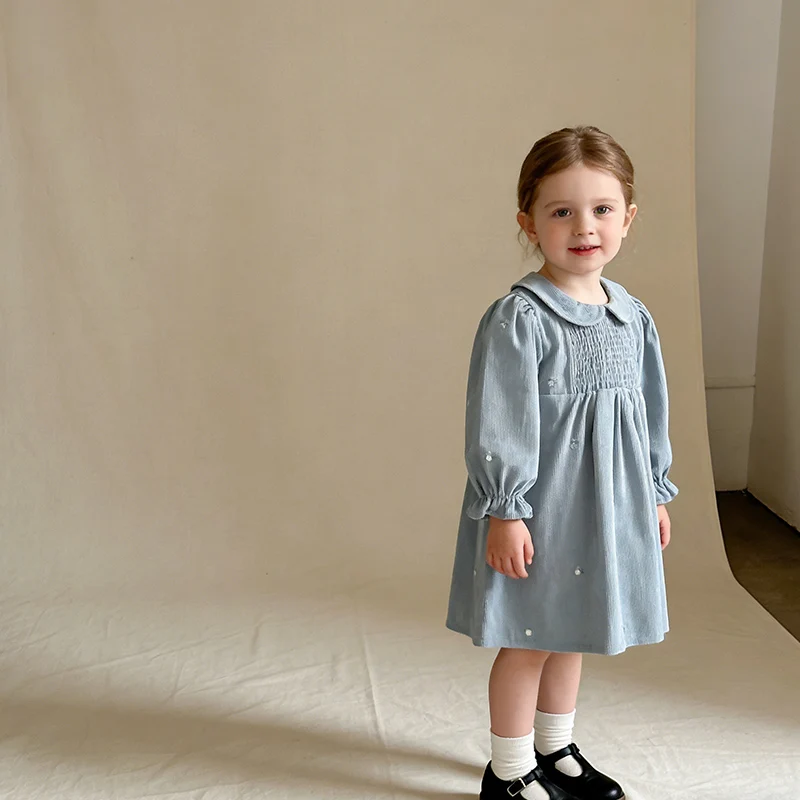 2026 New Spring Kids Princess Dresses Long Sleeved Corduroy Embroidery Children Clothes 2-6Yrs Girl Party Dress Sister Dress