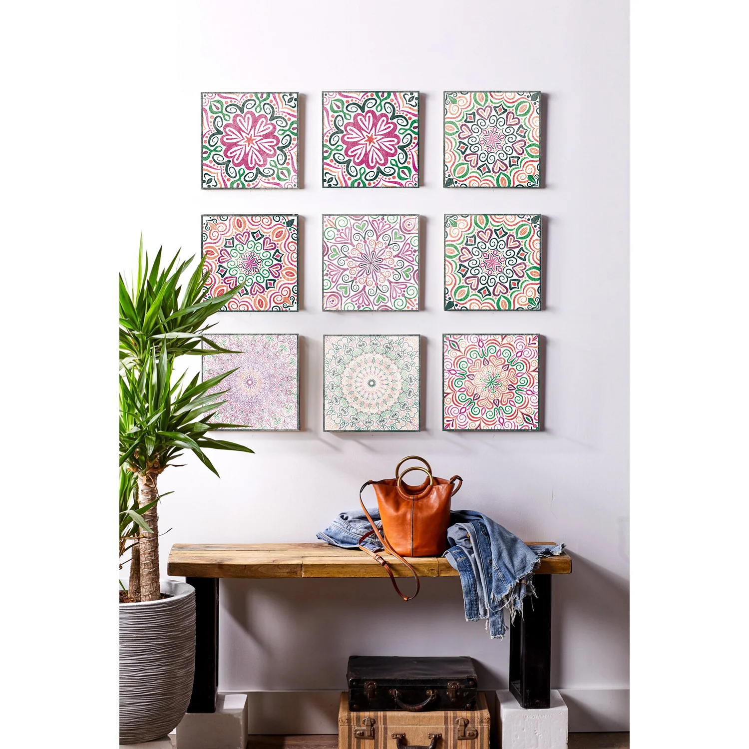 24 Pieces of Mandala Retro Pattern Glossy Self-adhesive Tile Stickers for Kitchen and Bathroom Removable Waterproof Wall Sticker