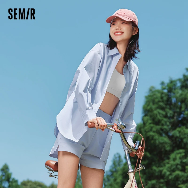 Semir Shirt Women Mid-Length Shirt with Split Hem A-line Shorts 2024 New Autumn Solid Color Loose Two-Piece Set for Commuting