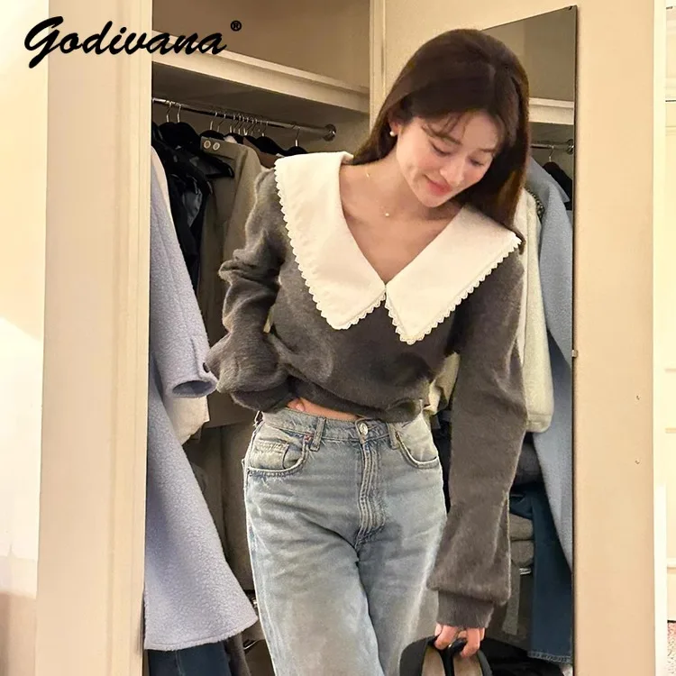 Japanese New Autumn and Winter Removable Collar Long-sleeved Gray Knitted Sweater Ladies Elegant Knitwear Casual Tops