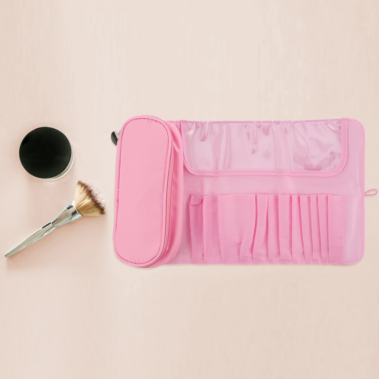 1 Przenośny futerał na pędzle do makijażu z dużą klapką i grubą tkaninową wyściółką do podróży i organizacji w domu