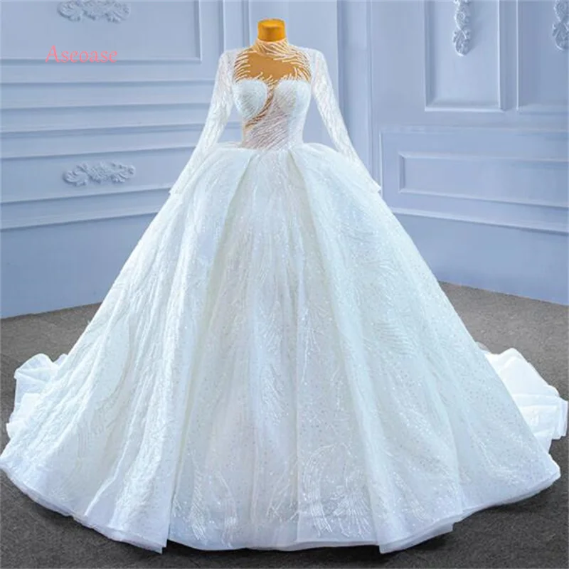 Aseoase Real Photo Luxury Wedding Dresses Ball Gown Long Sleeves Tulle Pearls Boho Wedding Gown Bridal Dress Vestido De Noiva