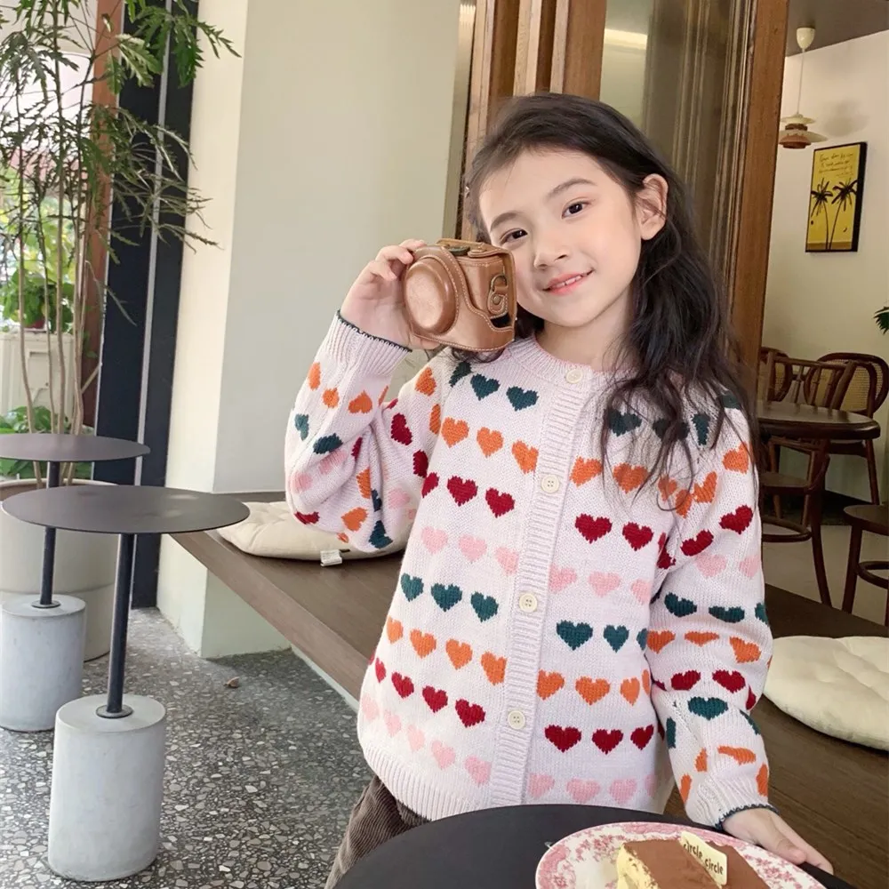 

fall sweaters kids girls clothes Colorful heart pattern 50% wool girls' cardigan baby coat