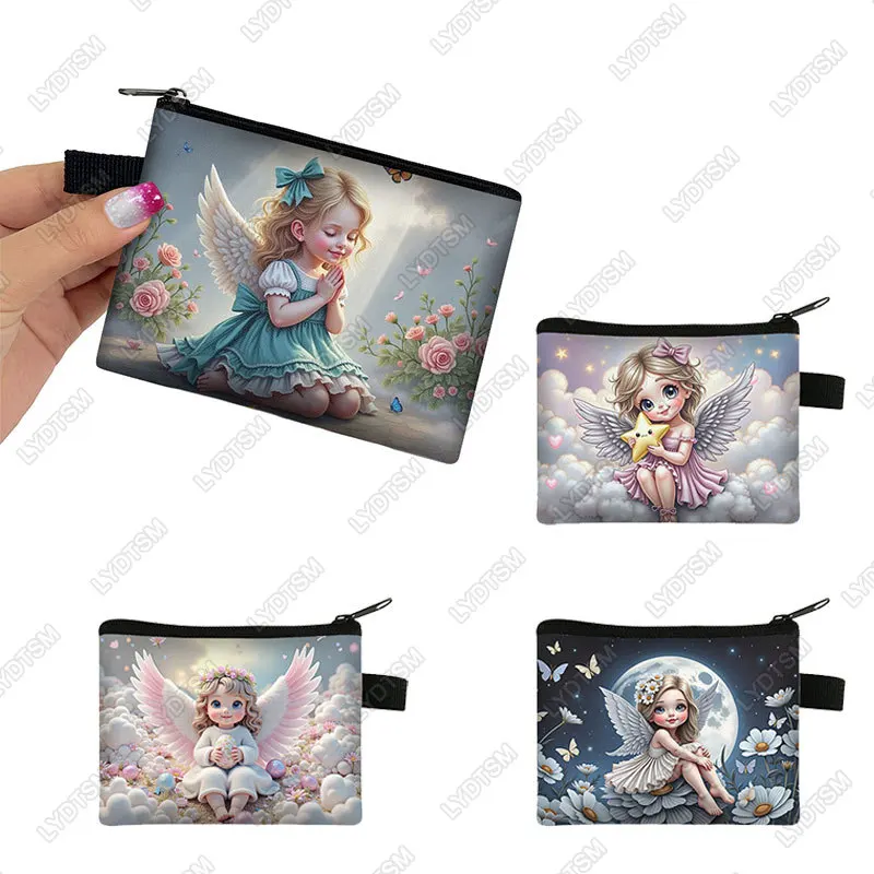 Kawaii pequeno anjo oração padrão saco de moedas bebê anjo com asas feminino cartão chave fone de ouvido titular carteira saco de dinheiro bolsa com zíper