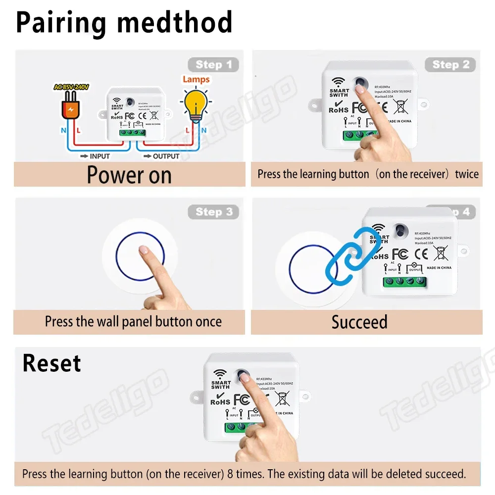 RF 433MHz Wireless Light Switch 220V 110V 10A Relay Controlle Mini Round Button Wall Panel Switch Remote Control For LED Lamp