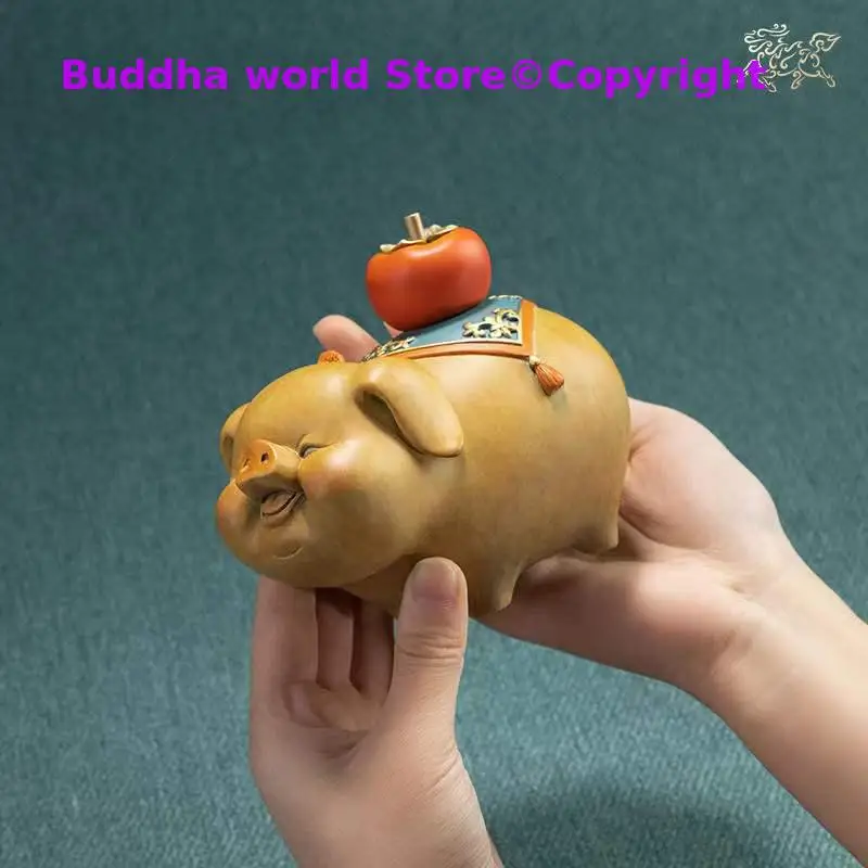 

Europe Asia Good omens Good luck PIG persimmon Mascot ZHU SHI DAJI bronze sculpture Home hall company TOP Decorative ornament