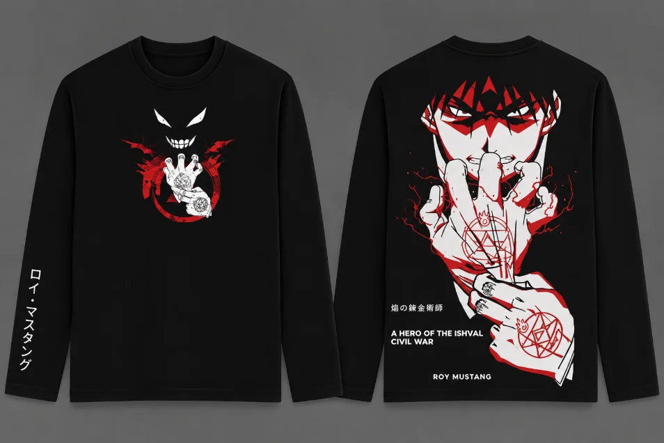 Fullmetal Alchemist Roy Mustang T Shirt Men Women Black Anime Graphic Tee Double Sided Print Flame Alchemist Casual Tops