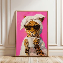 Colorful Leopard Drinking Coffee Maximalist Posters Vivid Morning Canvas Painting Wall Art Print Pictures for Kitchen Home Decor