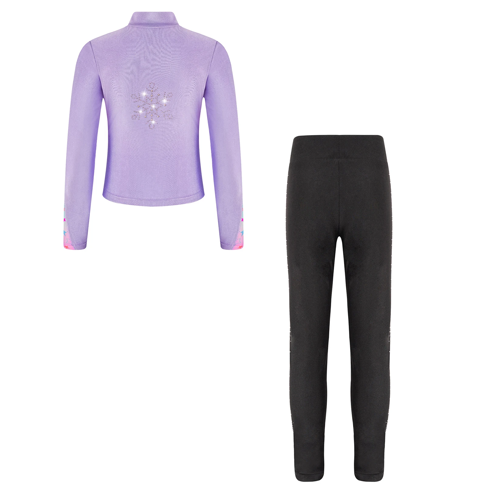 2Pcs New Kid Girls Sports Set Long Sleeve Snowflake Jacket+Sparkly Rhinestones Leggings for Trainning Skating Workout Gymnastics