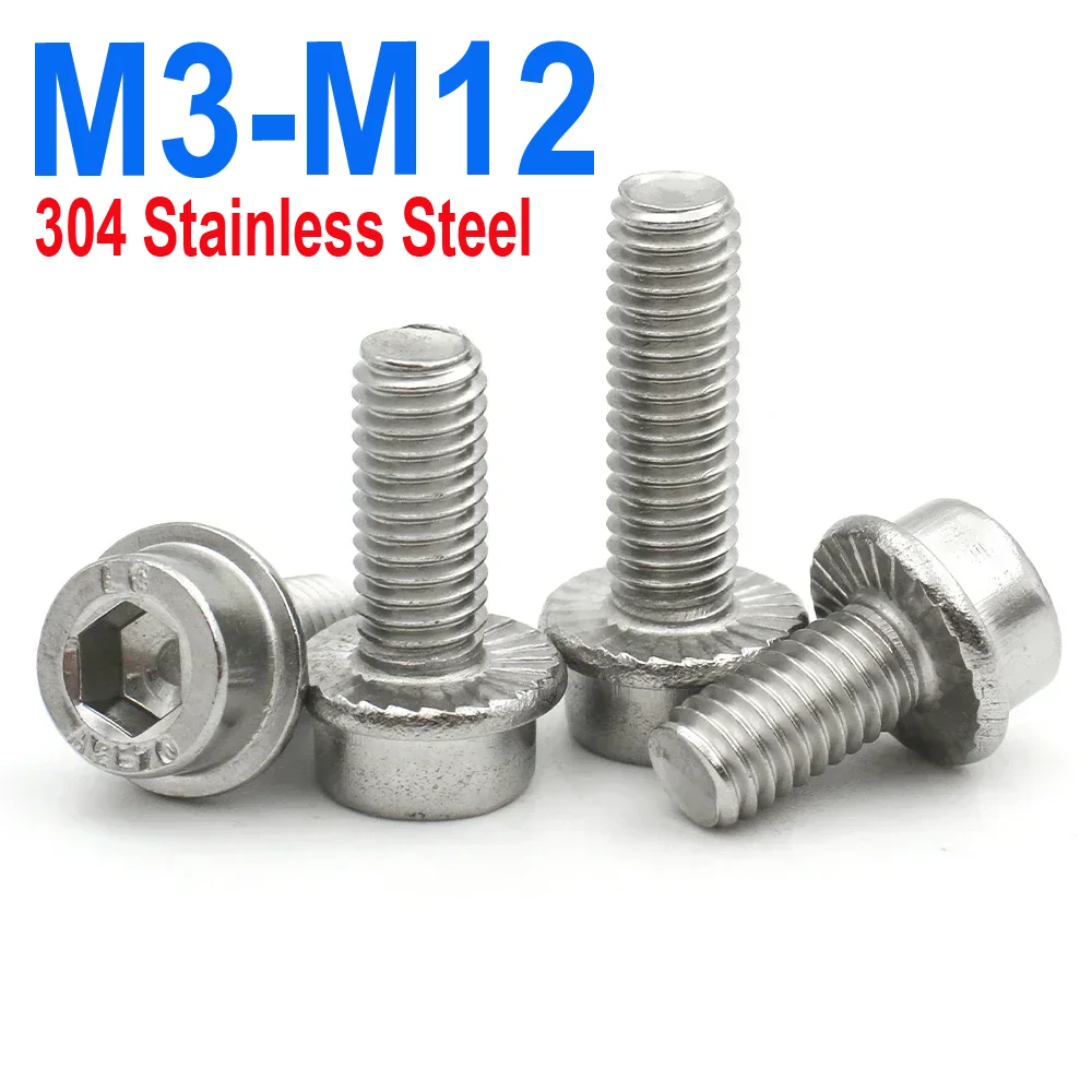 

10/30pcs M3 M4 M5 M6 M8 M10 M12 304 Stainless Steel A2-70 Hexagon Hex Socket Cap Head Serrated Flange Washer Screw Bolt