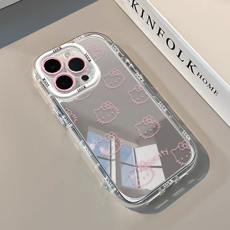 Full Screen Pink Line Hello Kitty Mirror Phone Case For iPhone 16 15 14 13 12 11 Pro Max XR XS MAX 7 8 PLUS Y2K Girl Cute Cover