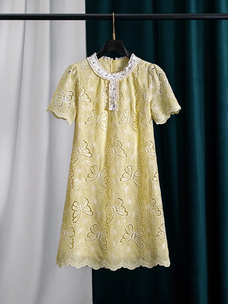 Yellow Lace Hollow Out Dress Women Puff Sleeve Bowknot A-Line Slim Elegant Party Summer Dress Fashion New
