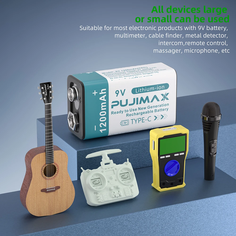 PUJIMAX USB 9 فولت بطارية قابلة للشحن 1200 مللي أمبير نوع-C قابلة للشحن 9 فولت بطارية ليثيوم أيون لنموذج طائرة هليكوبتر متعدد إنذار الدخان #5