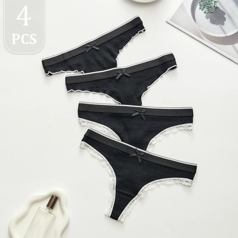 4PCS Neue Reine Schwarz frauen Unterwäsche Spitze Hohl Spitze Bogen Zubehör Sexy Baumwolle Komfortable Weibliche Dessous Niedrigen Taille s-XL