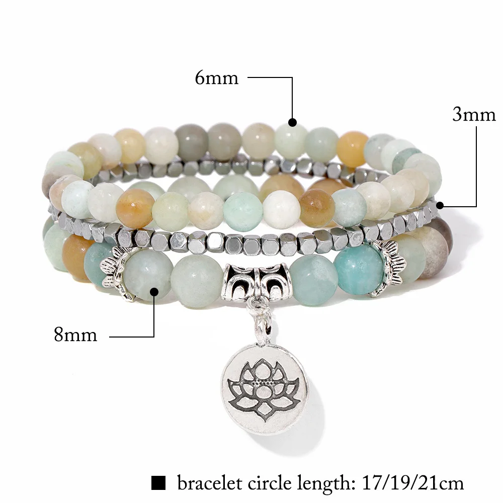 3pcs/set Buddha Lotus Pendant Pink Zebra Charm Bracelets For Women Men Natural Stone White Agate Beads Bracelet Set Yoga Jewelry