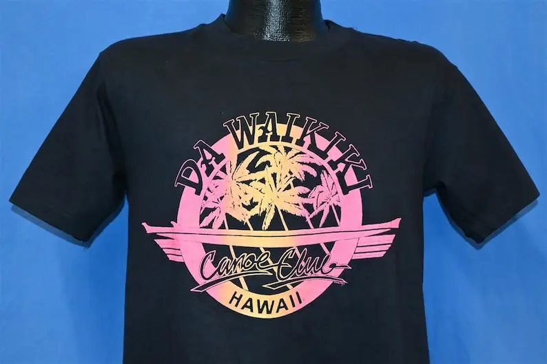 80s Da Waikiki Hawaii Canoe Club Neon Palm Trees Puffy Paint t-shirt Medium