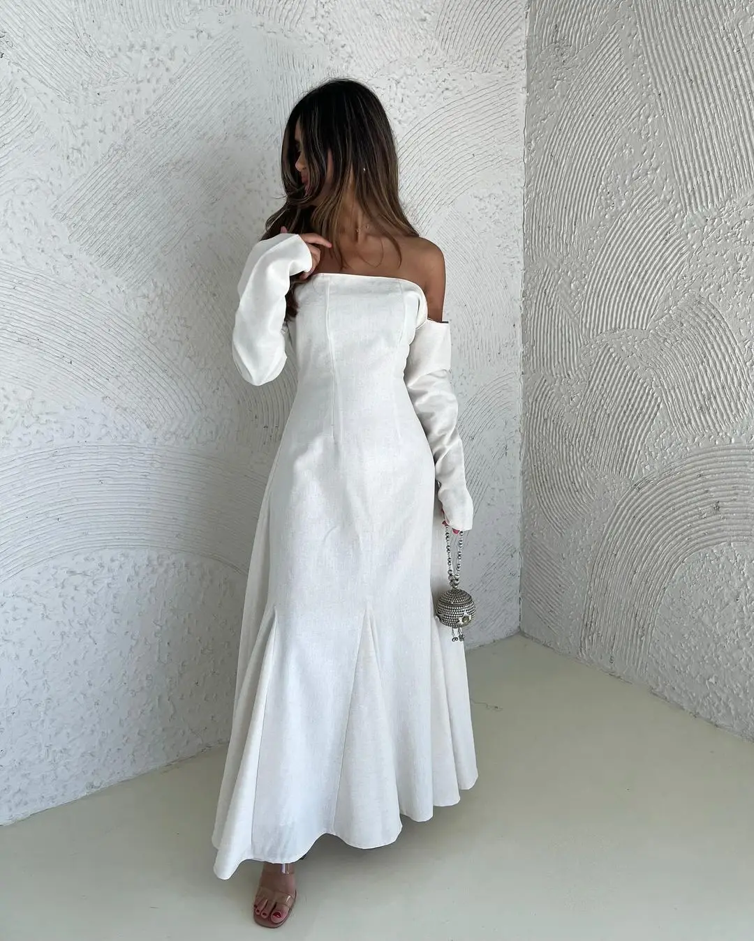 Sapmae Strapless Neckline Three Quarter Floor-length Zipper Up White Prom Evenning Cocktail Formal Dress For Women In 2024