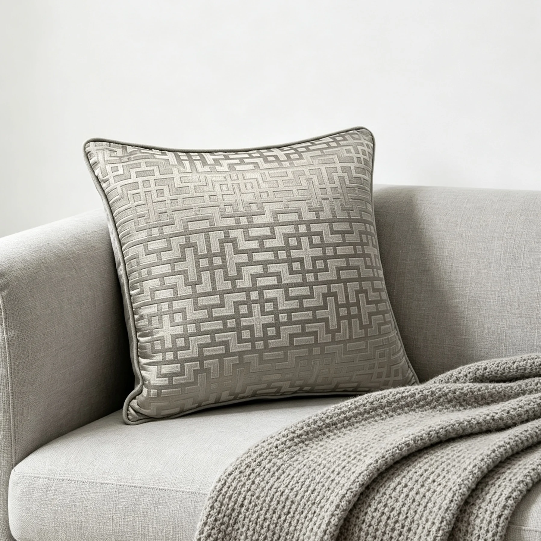 Contemporary Light Brown Geometric Pillow Case Maze Woven Jacquard Velvet Home Cushion Cover Decorative 45 x 45 cm 1 Pc Pack