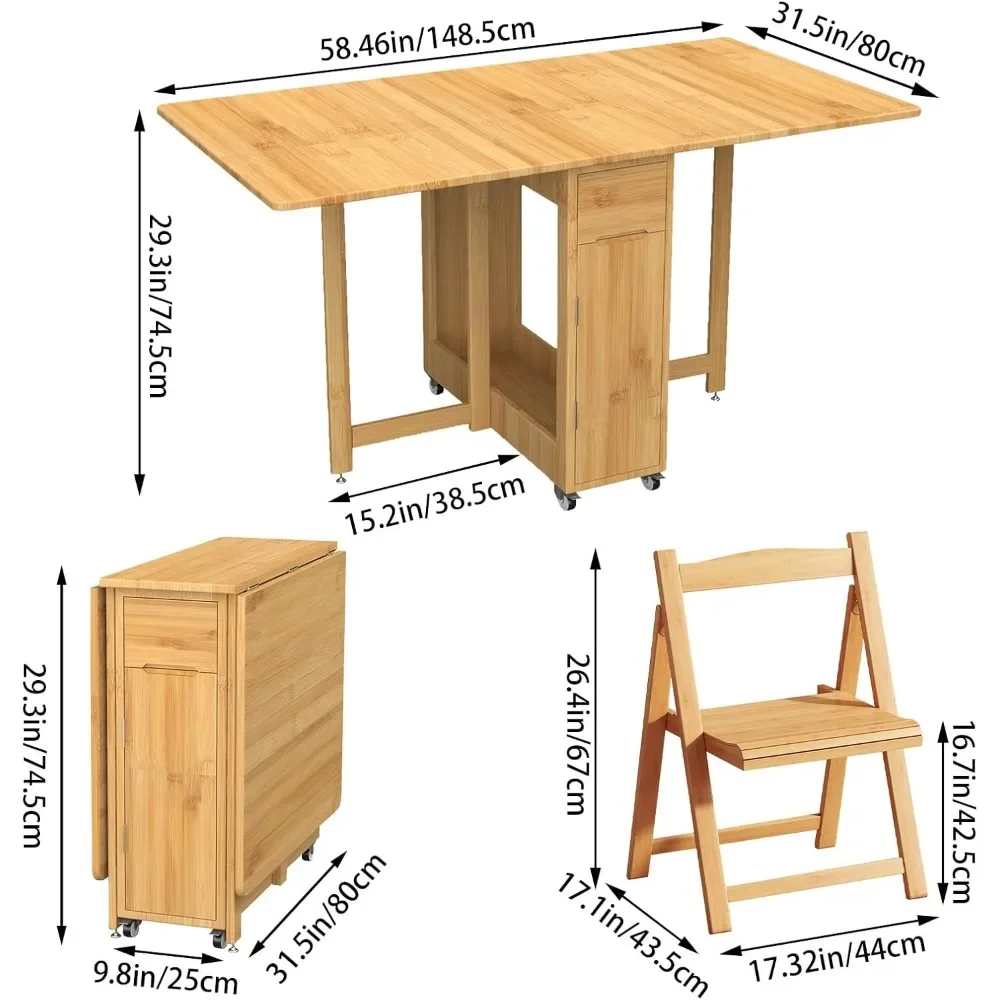 

Folding Dining Table for 4 with Chairs, Bamboo Drop Leaf Dining Set Modern Extendable Rectangular Kitchen Tables for Small Space