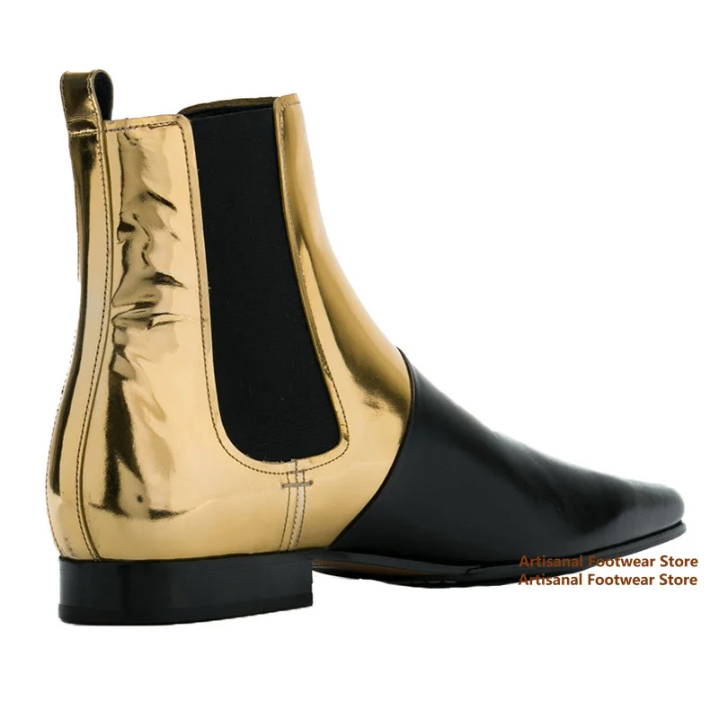 

Gold and Black Mixed Color Chelsea Boots Men Elastic Band Leather British Style Fashion Handmade Autumn Black Booties Men Shoes