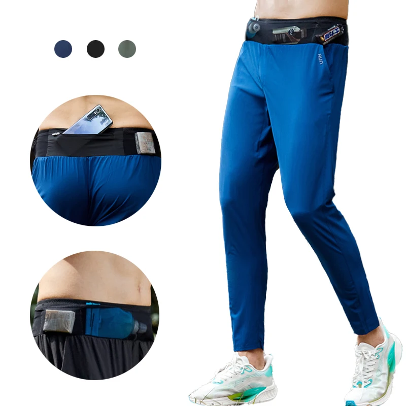 

Легкие быстросохнущие брюки для марафонского бега из ледяного шелка с поясной сумкой, дышащие спортивные брюки для тренировок, фитнеса и бега