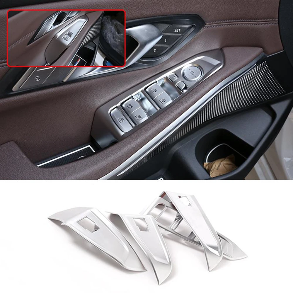 For BMW 3 Series G20 2019 2020 Inner Door Armrest Window Lift Button Panel Cover Trim ABS Carbon Look / Silver Chrome 4PCS