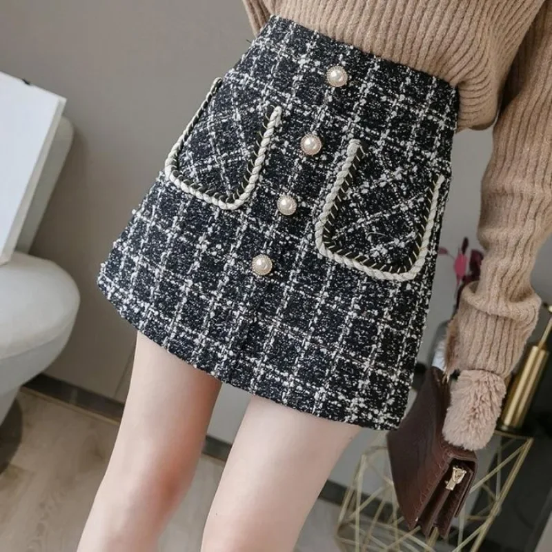 Autumn Winter Woolen Plaid Skirts Women Harajuku Faldas Vintage Trendy Mini Slim Korean Style A-line Elegant Ladies High Waist