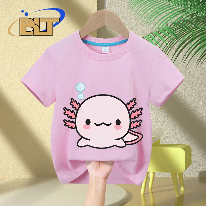 Pink cute Axolotl cartoon print kids T-shirt summer children's cotton short-sleeved casual tops for boys and girls