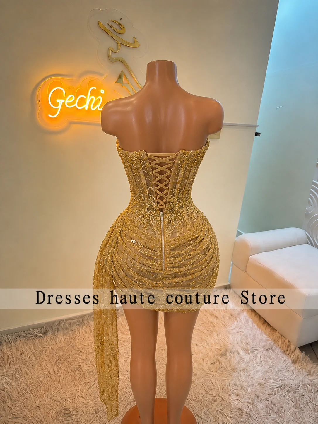 New Customized Shiny Gold Luxury Mini Short Prom Dresses With Glove For Black Girl Sparkly Party Gown Mini Cocktail Robe De Bal - view 2