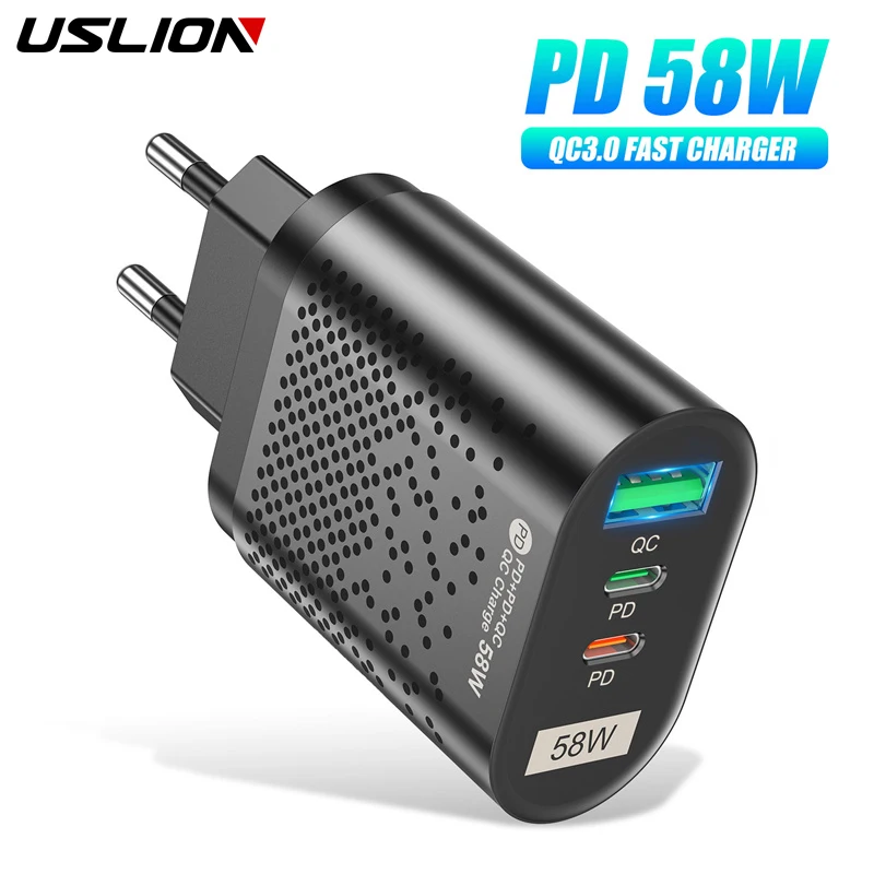 USLION 58W Fast Charging Charger QC 3.0 USB18W 2 Ports Type C PD20W Mobile Phone Charger Power Adapter for iPhone Samsung Xiaomi