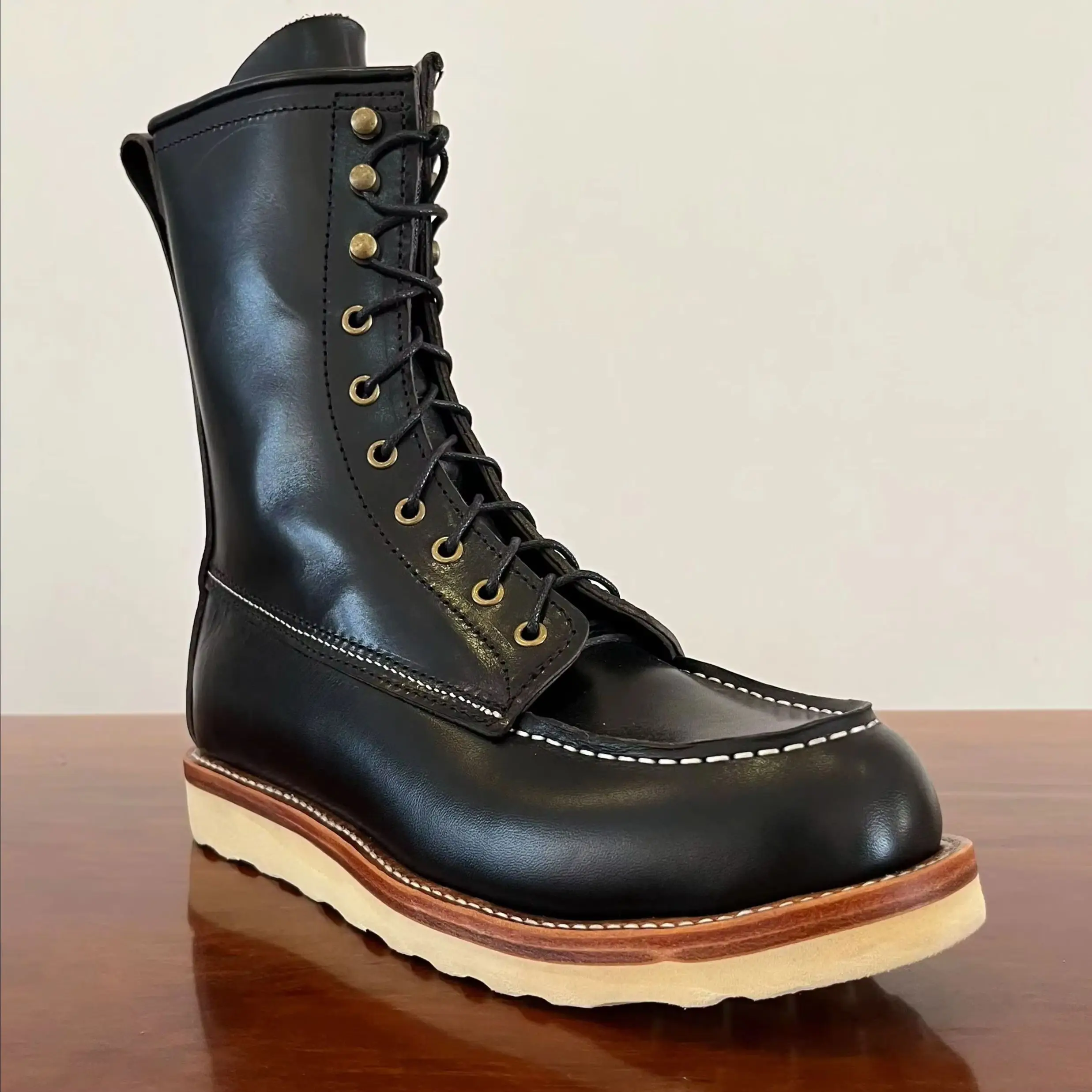 VV750 Vintage Men Moc‑Toe Leather Shoes Goodyear Welt Hand Stitching Low Top Lace‑Up Thick Sole Casual Work Shoes For Outdoor