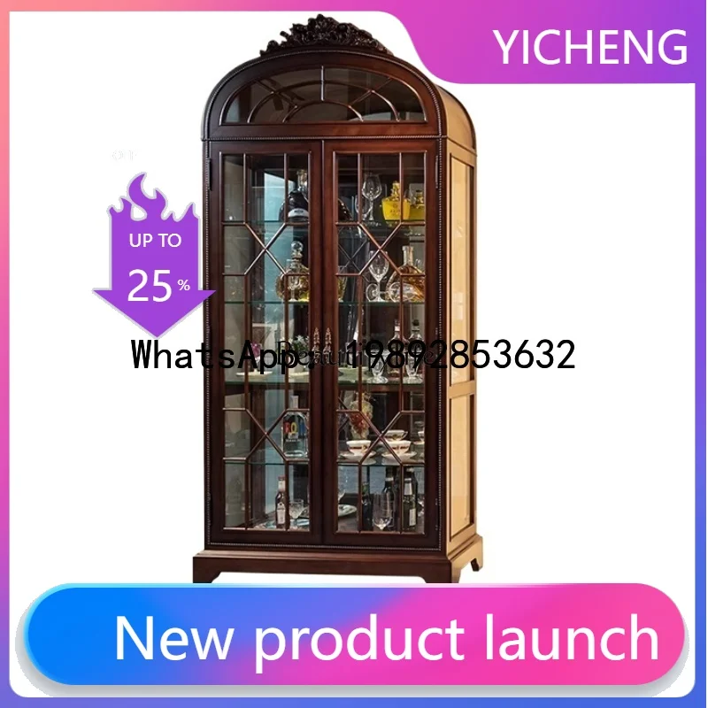 

QQ American light luxury solid wood European retro living room red dining side storage glass cabinet