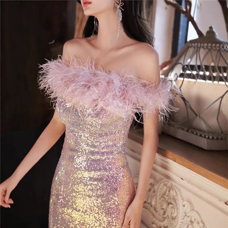 فستان جديد مزين بالترتر بكتف واحد بدون حمالات لا يرتدي لعروض الامتحانات الفنية الصوتية على ذيل السمكة #1