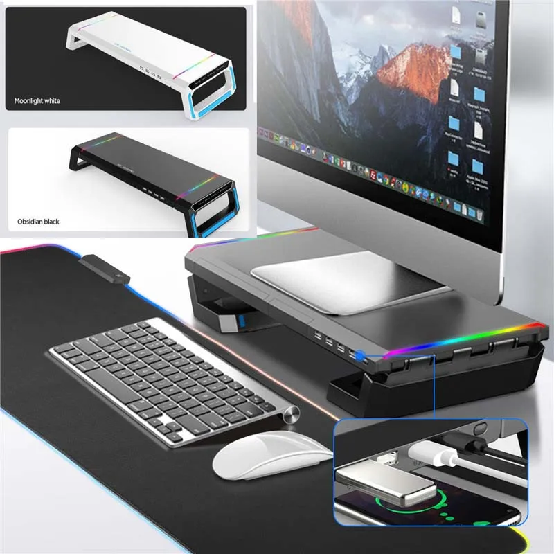 Laptop Holder Computer PC Monitor Stand Phone Tablet Bracket Storage Box Organize Drawer USB Type C Extend Adapter Color Light