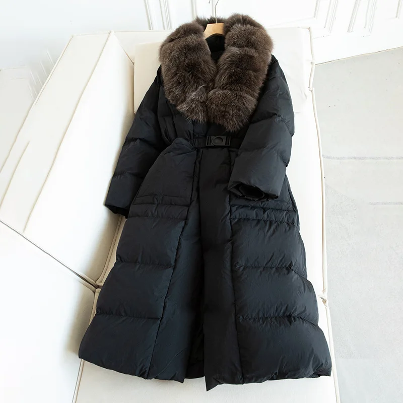 Nueva chaqueta de plumón de piel de zorro para mujer de invierno, chaqueta de plumón con cordones y cuello en V para ir al trabajo