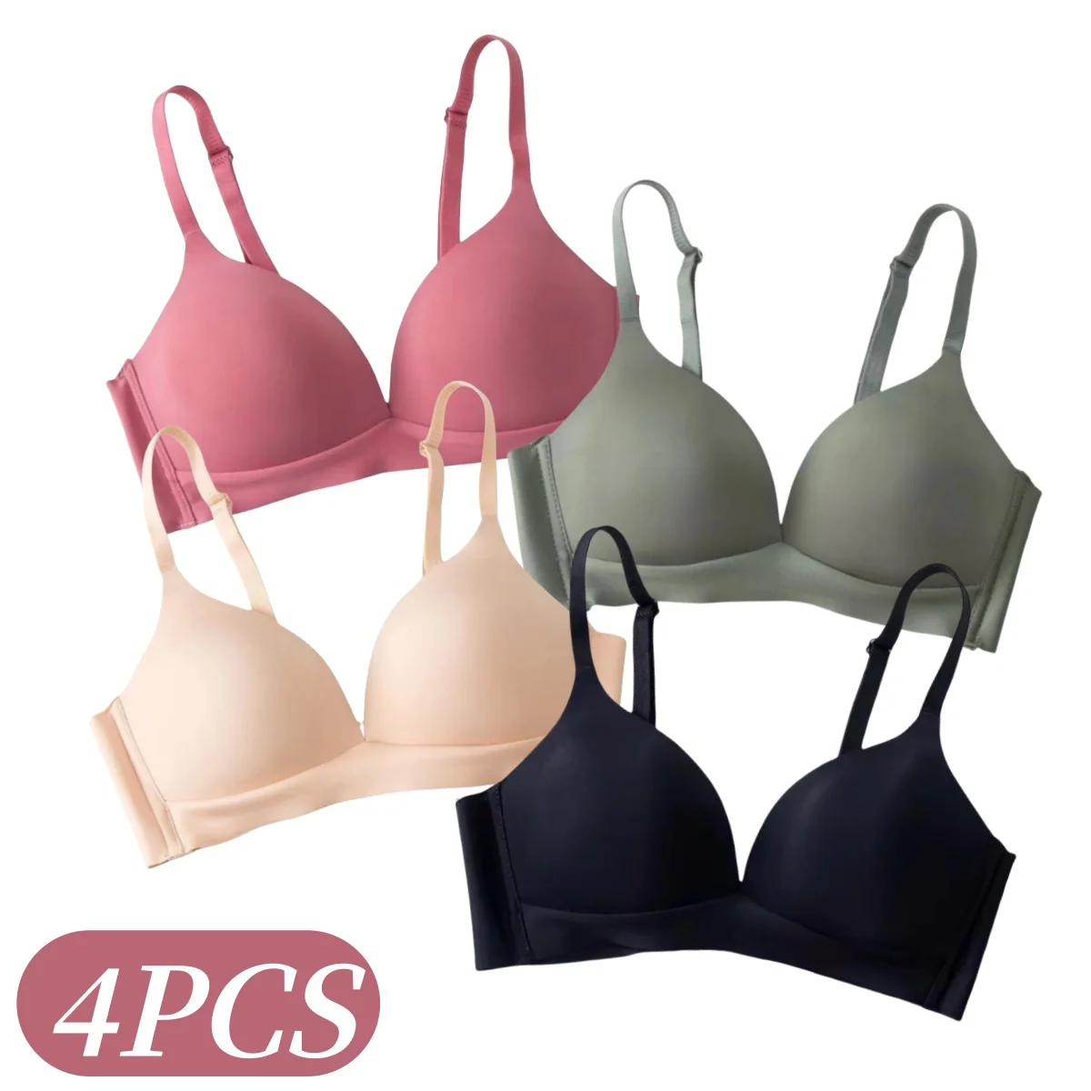4-teiliges Set Nahtlose BHs für Frauen, Verstellbare Träger, Rückenverschluss mit Haken, Glatter BH, Stützende Unterwäsche, Alltags-Lingerie, Größen S-XXL
