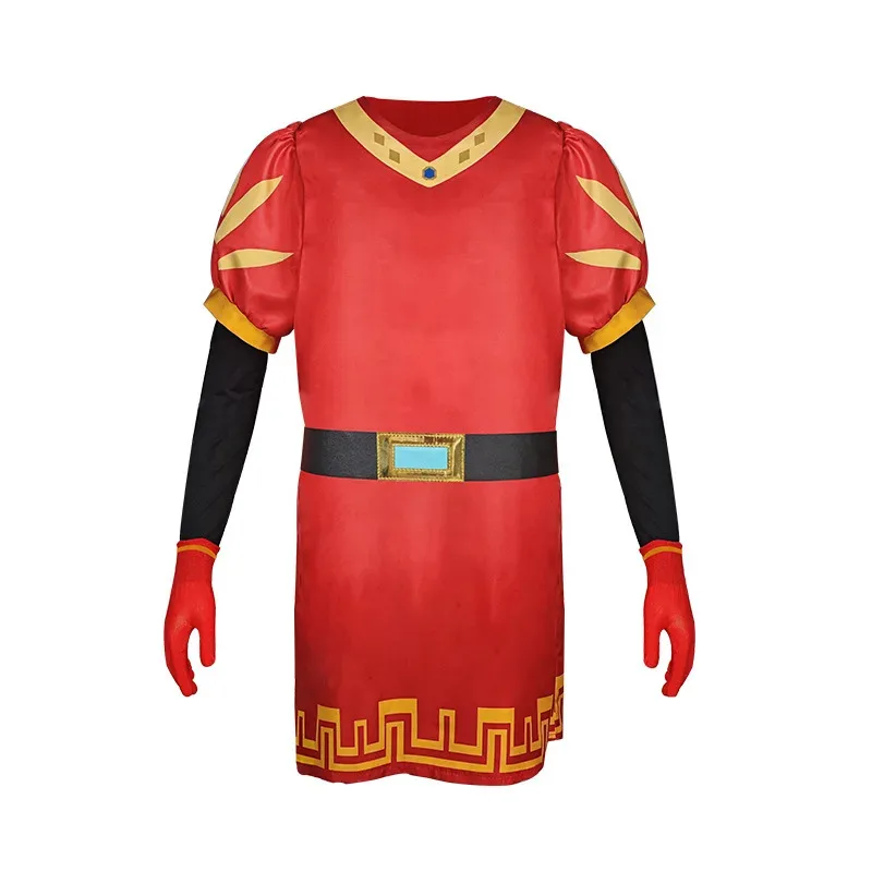 2025 aaa Shrek Lord Farquaad Cosplay Personagem Terno Vermelho com Capa Incluída; Roupa de festa de Halloween para férias de filmes de desenhos animados