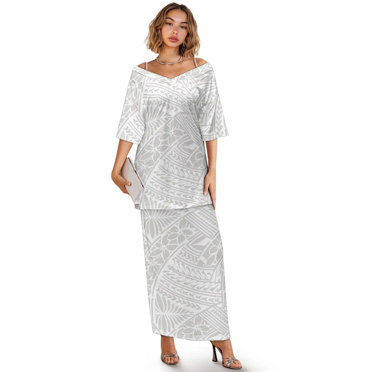 Conjunto de vestido de fiesta Tapa con tatuaje Tribal polinesio Puletasi samoano, media manga, cuello en V y hombros descubiertos, conjunto de vestidos de la Isla del Pacífico