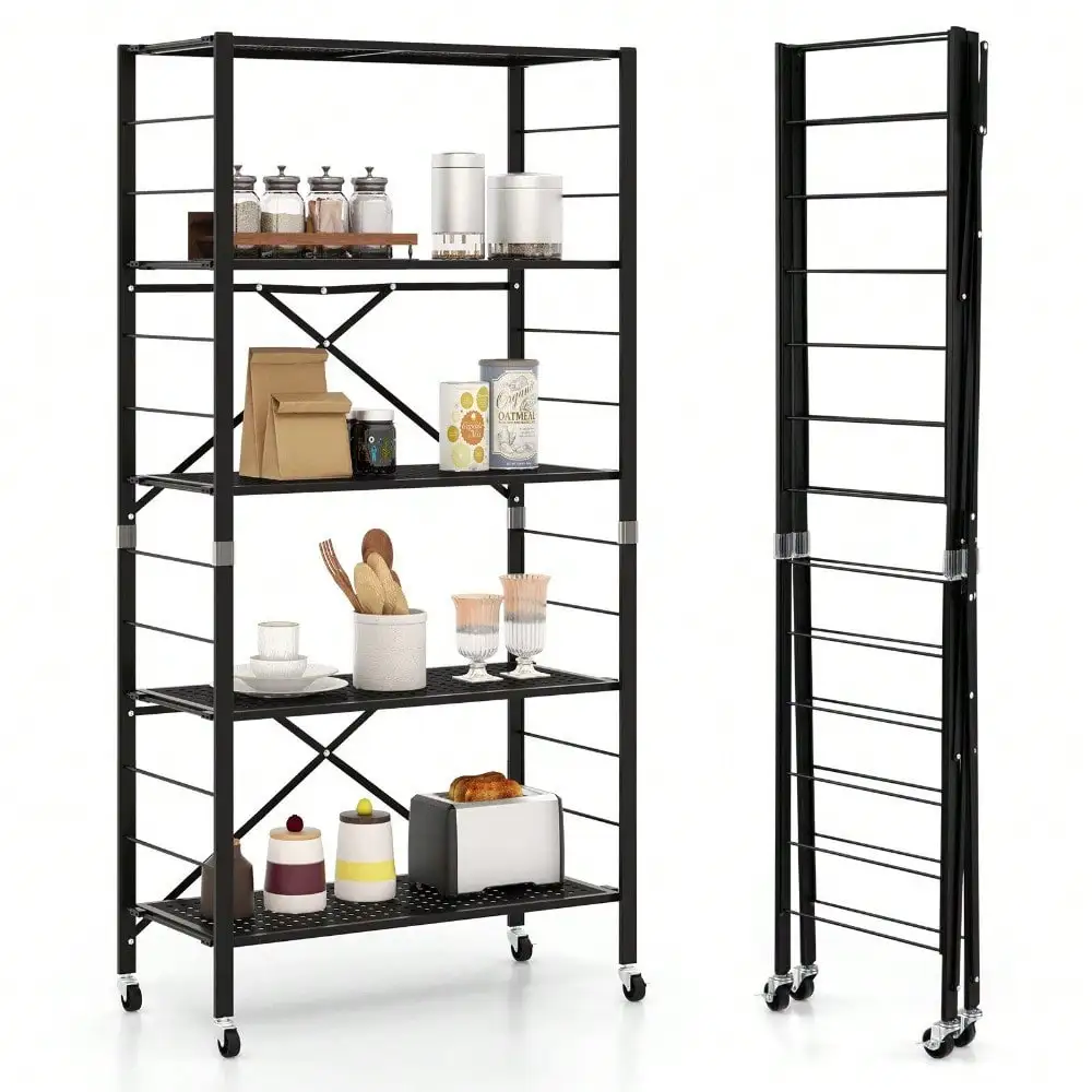 5-Tier Foldable Storage Shelves Adjustable Collapsible Organizer Rack w/ Wheels