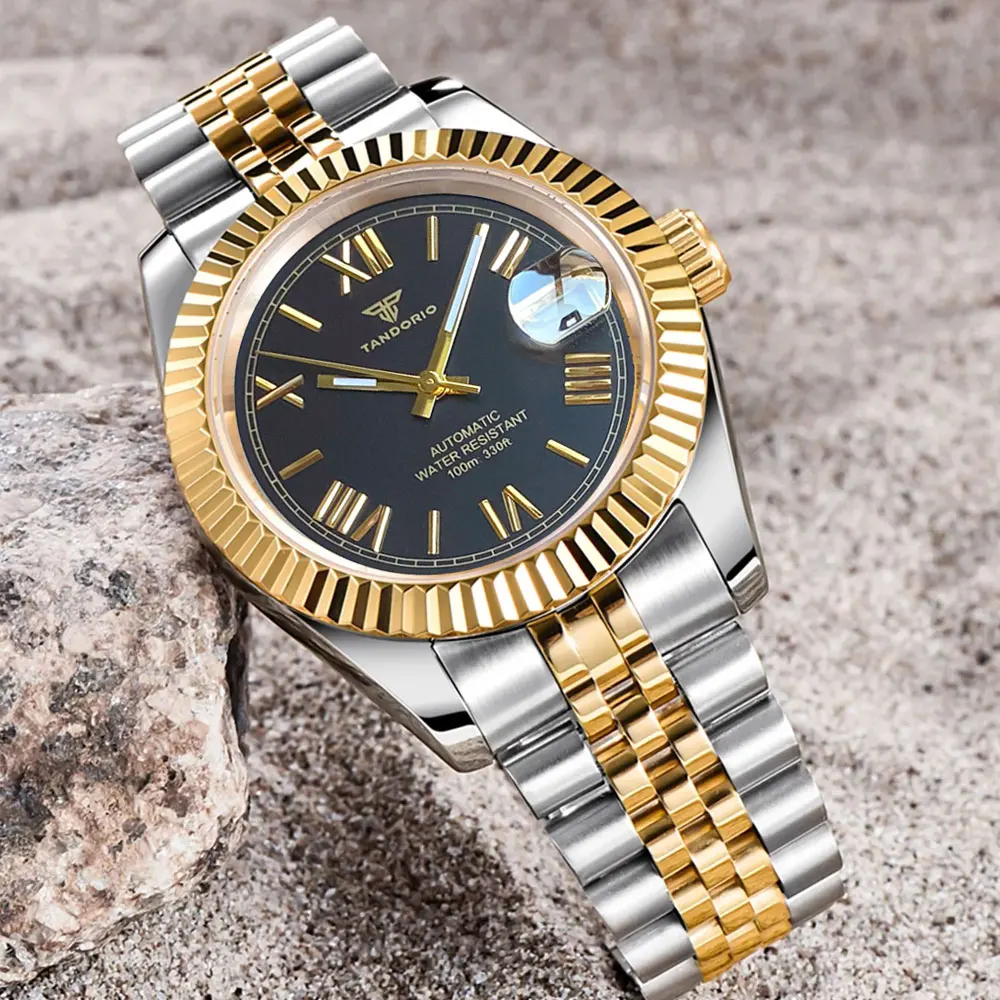 36mm 39mm Tandorio 20ATM Dive Silver Dial Gold Roman Number NH35 Automatic Watches For Men Sapphire Glass Datejust Bracelet