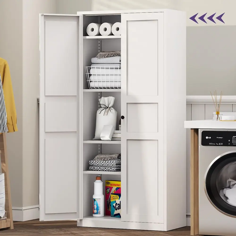 Kitchen Pantry Cabinet,White Metal Storage Cabinet with 4 Adjustable Shelves amp Magnetic Doors,Pantry Cabinet with Gold Black H