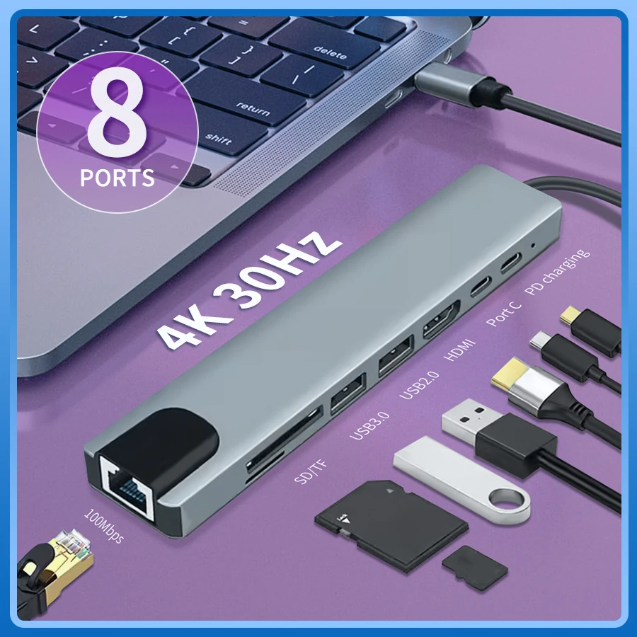 

8 в 1 USB-концентратор типа C 3.1 на 4K HDMI-адаптер с устройством чтения карт RJ45 SD/TF PD Быстрая зарядка для MacBook, ноутбука, компьютера