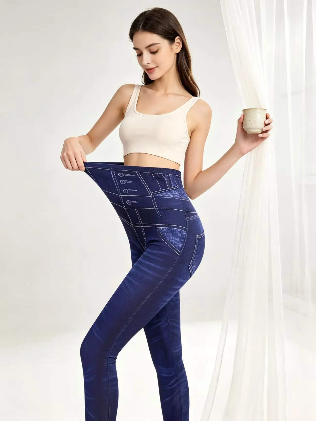 Women's Elegant Imitation Denim Floral Print Fashion Leggings Long Pants