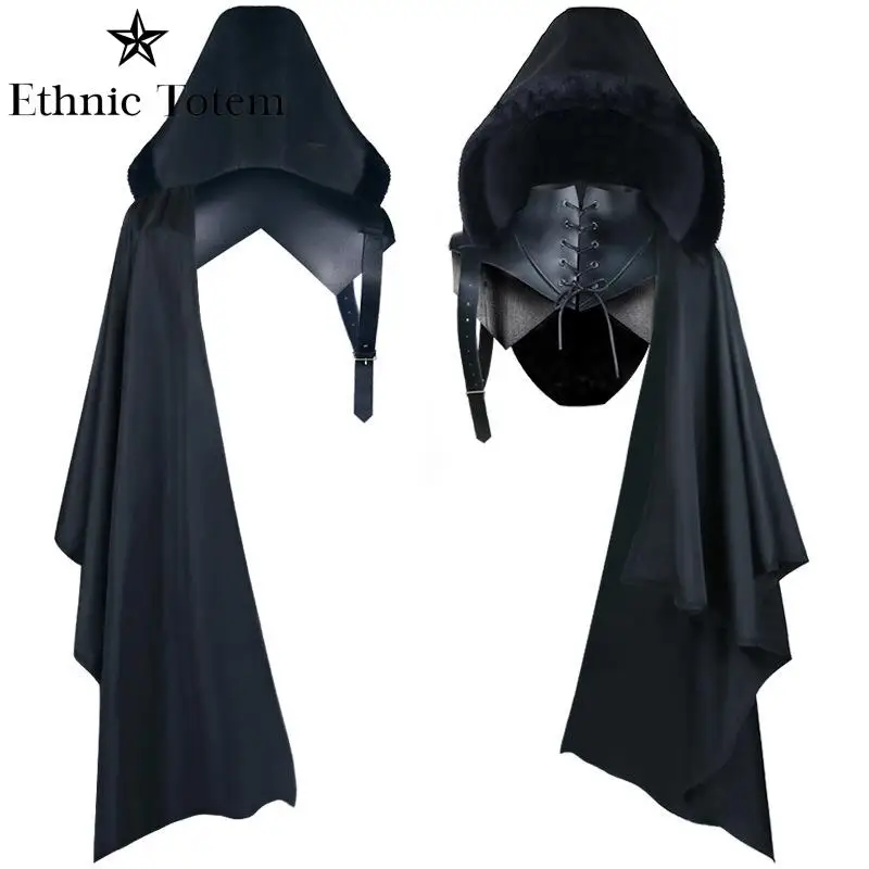 Medieval Armor Black Cloak Single Shoulder Retro Cape Gothic Punk Lace Up Renaissance Costume Halloween Cosplay Hooded Cloaks