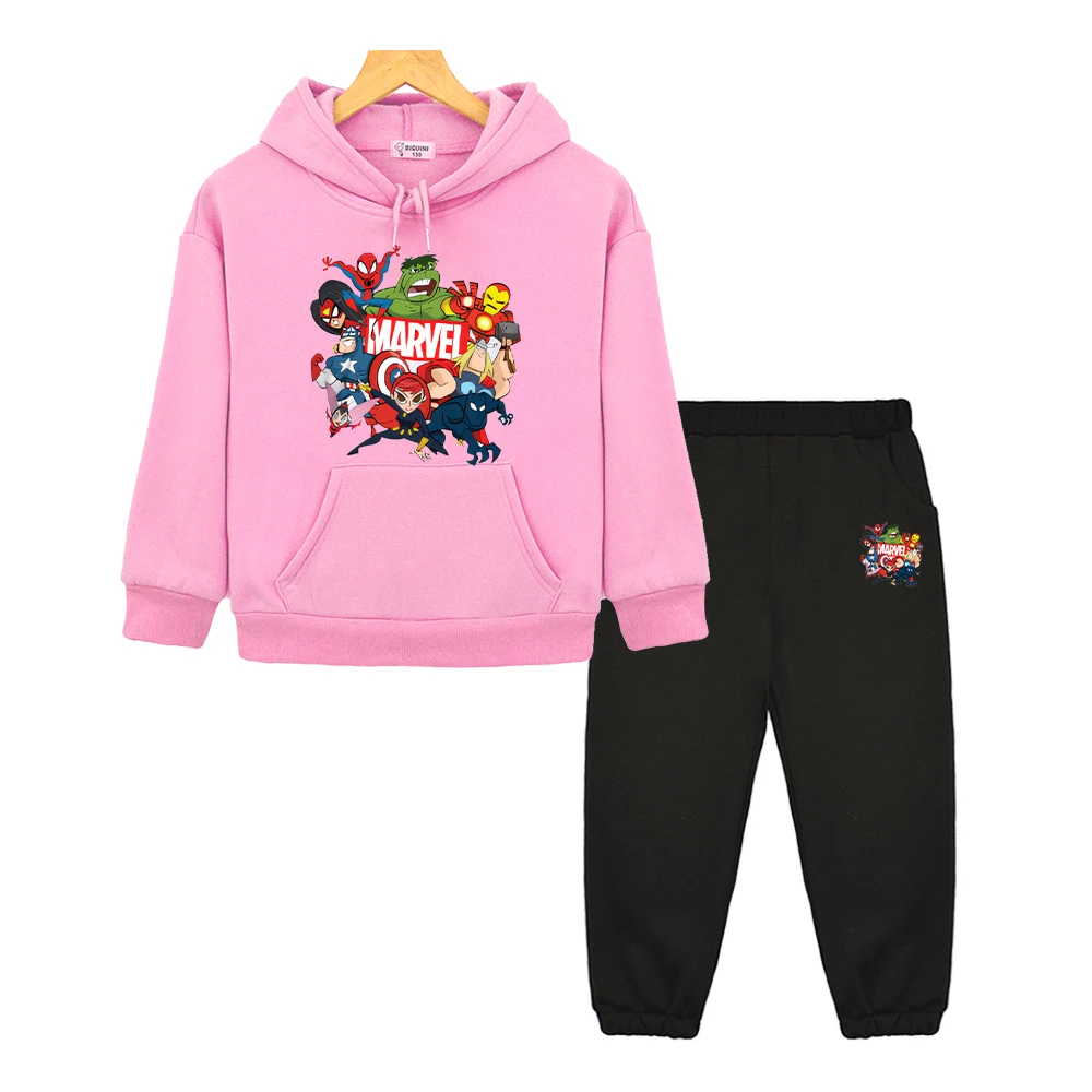 2pcs Marvel Cartoon pullover+Pant boy girl Hooded Spors Sets Superman Autumn anime hoodie Fleece Sweatshirt kid boutique clothes