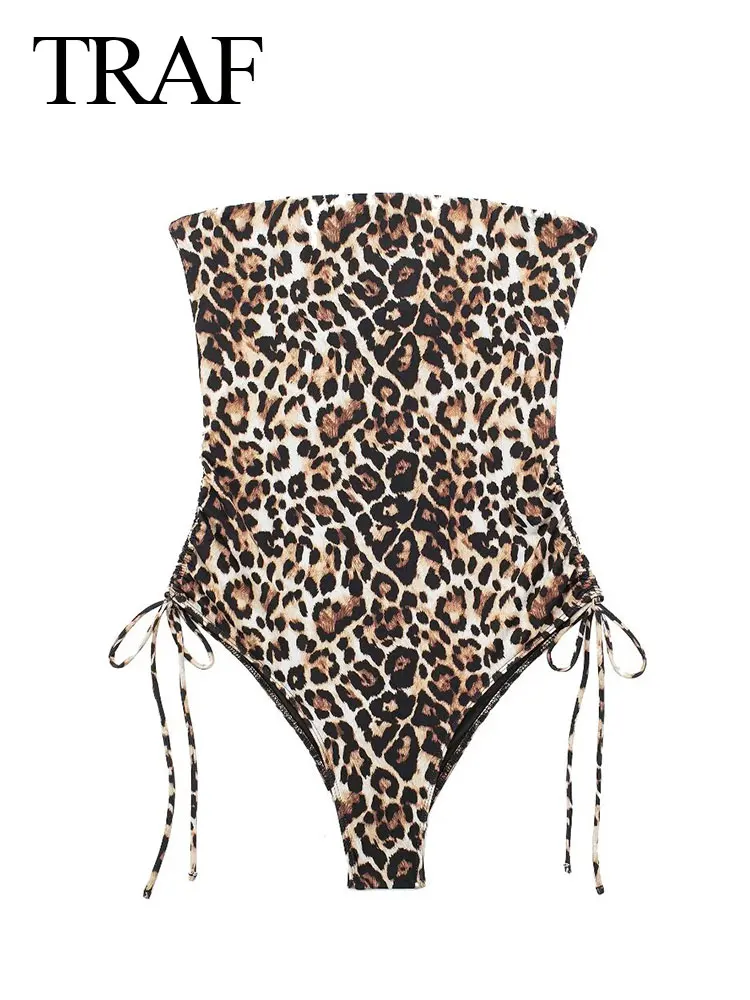 Traf 2024 Zomer Damesmode Bodysuit Luipaardprint Strakke Onesies Vrouw Korset Met Veters Veelzijdige Strandstijl Damesplaysuit