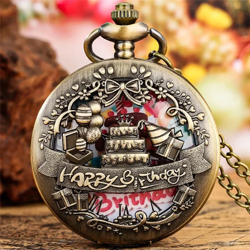 Antique Happy Birthday Cake Design Men Women Quartz Pocket Watch Roman Number Dial Necklace Pendant Chain Birthday Gift