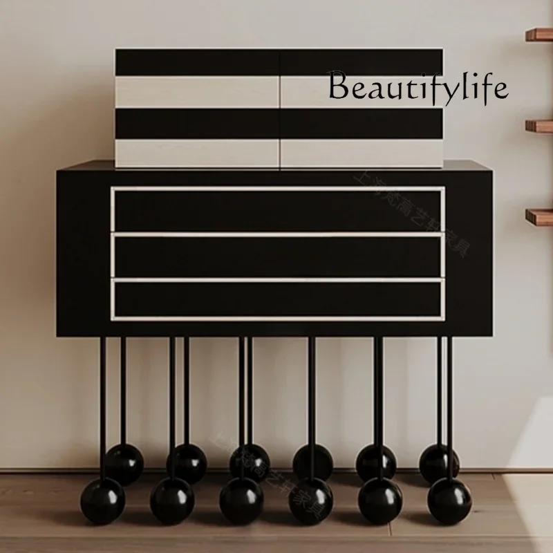 L retro black and white color scheme side cabinet creative design solid wood porch cabinet living room storage chest cabinet